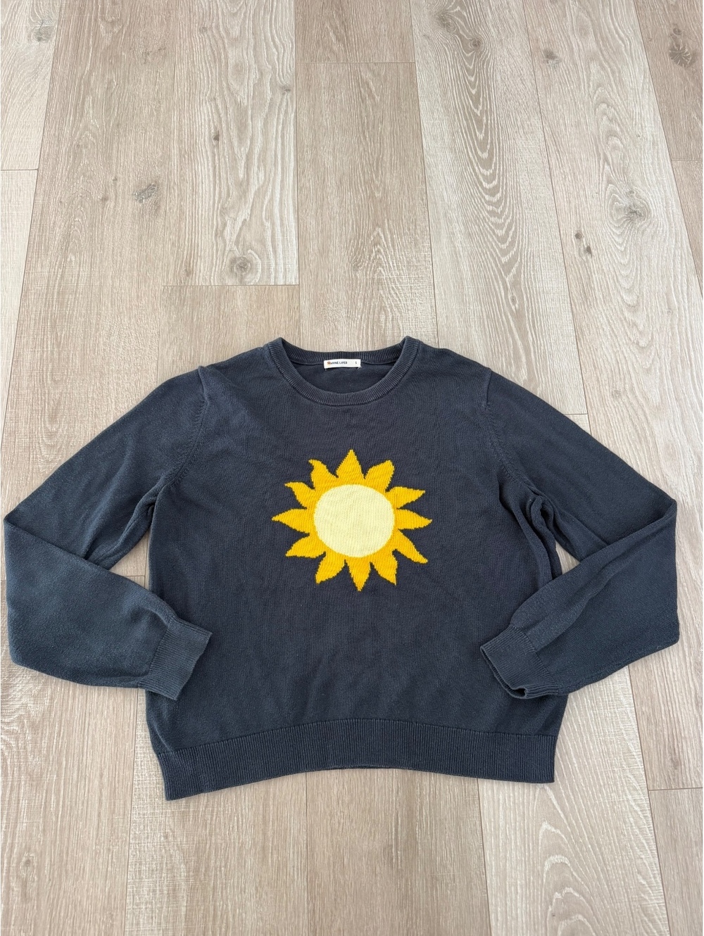 Marine Layer Women's Navy Crewneck Sweater with Yellow Sun Graphic, Size S
